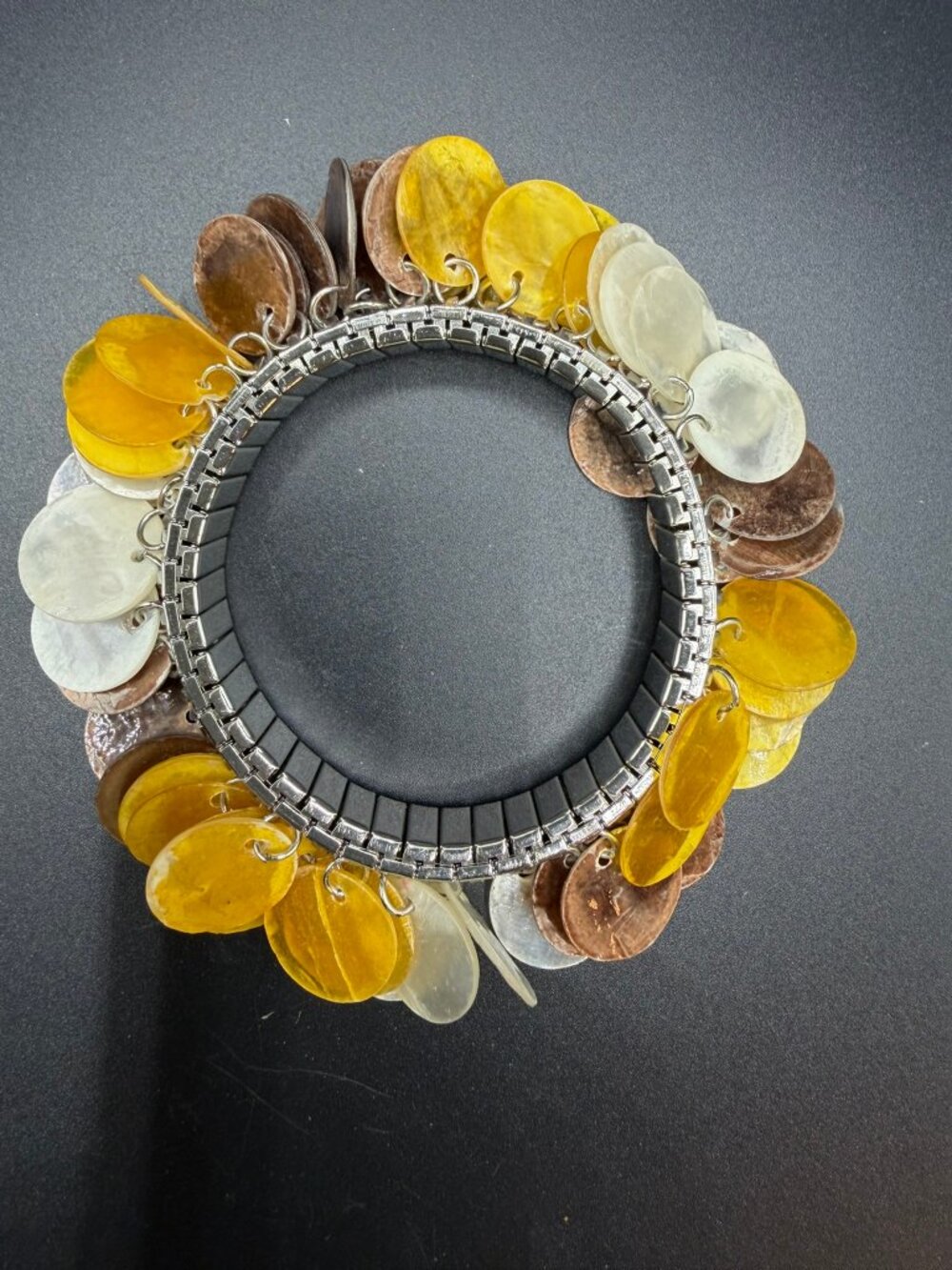 Stretch Shell Disc Bracelet Yellow Brown Ivory Boho Statement Jewelry